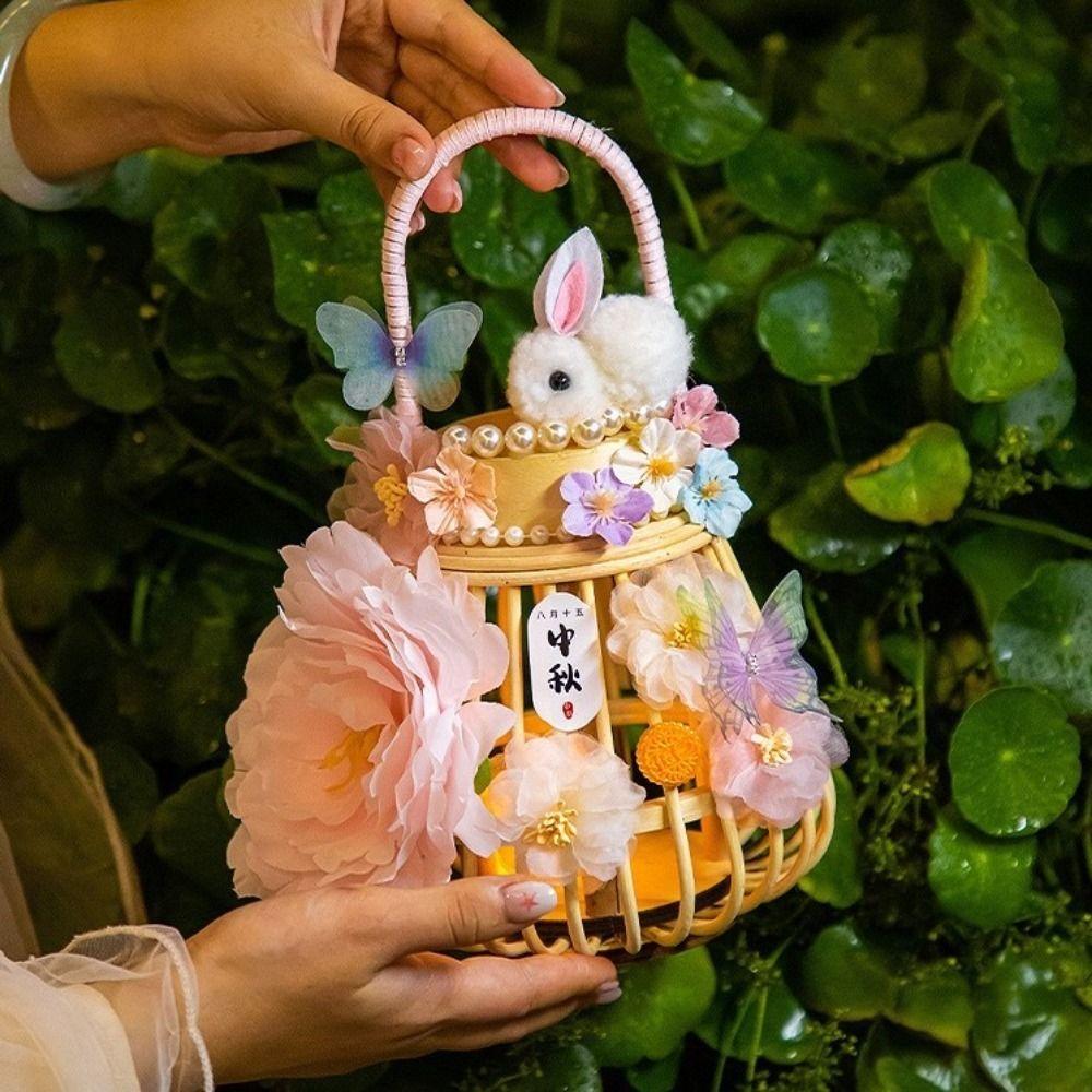 Traditionelle Rattan-Laternen im chinesischen Stil, Kaninchen-Blumen, DIY-Materialset, Laternen für das Mittherbstfest mit Licht, Handgefertigt