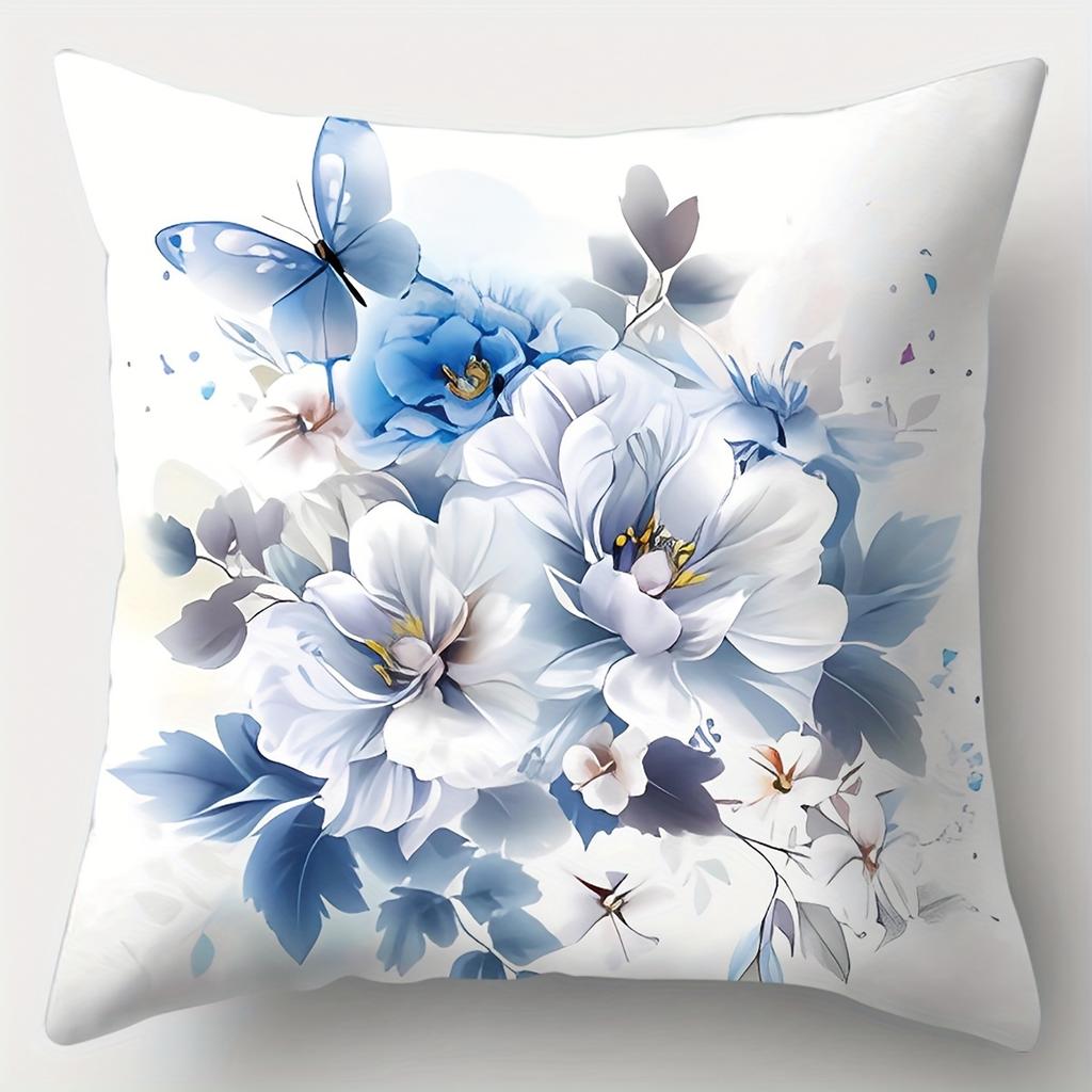 Home Decor Blue Floral And Butterfly Pillow Covers Pattern Cushion Cover Suitable For Sofa Bedroom Car Pillow Cover