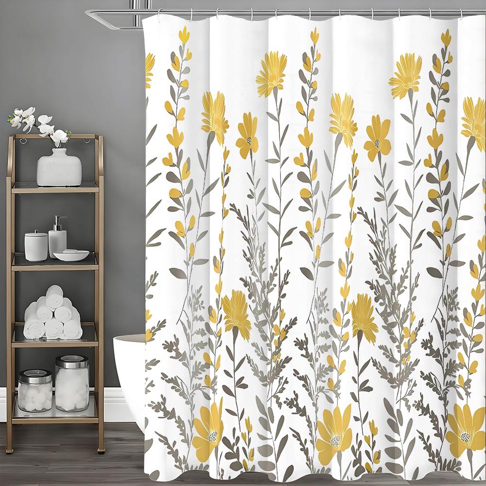 Yellow Floral Shower Curtain, Yellow Flower Gray Leaf Bathroom Decorative Shower Curtain, Waterproof Shower Curtain with Hooks