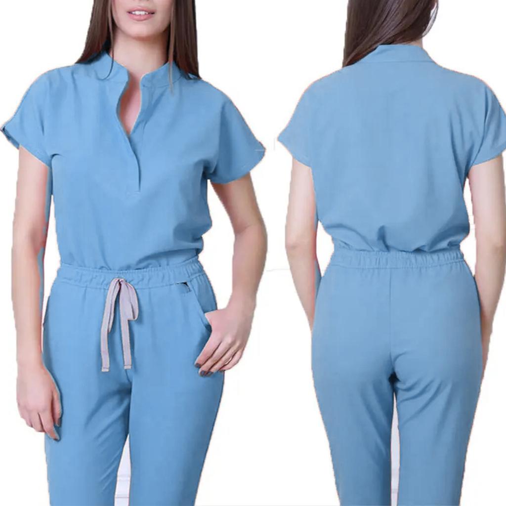 Women's Loose And Comfortable V-neck Short Sleeved Workwear With Multiple Pockets And Beauty Suit Set
