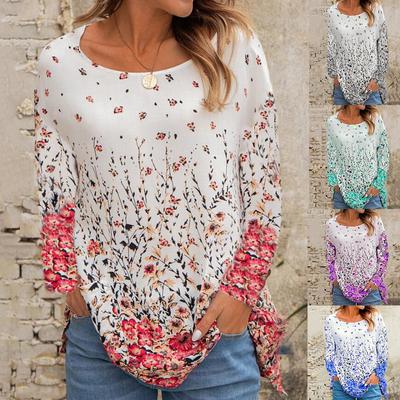 Autumn and Winter New Women's Round Neck Loose Print Flower Printing Long-sleeved Top T-shirt