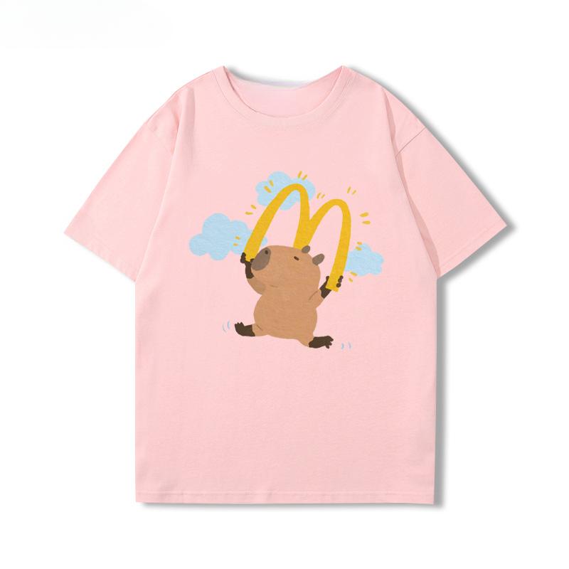2025 Cute Capybara Capibara Coffee Chips Cartoon Peripheral Short Sleeve Men's and Women's Summer Cotton T-shirt Trend Tops Tee