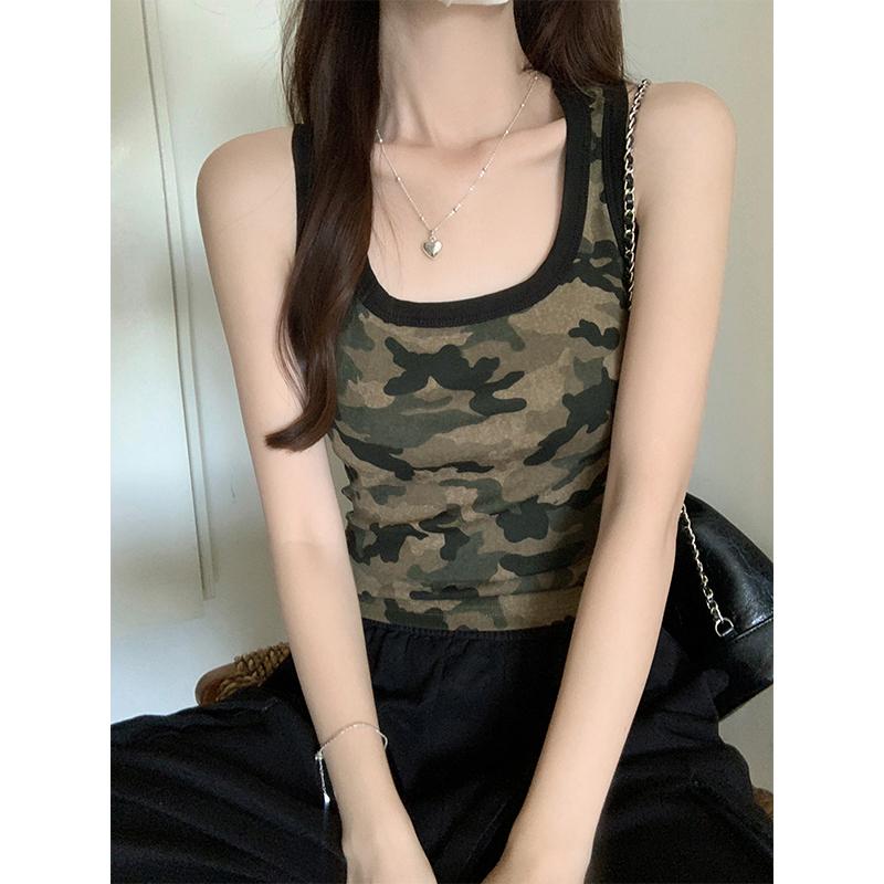 Tricou vestă de bumbac pentru femei Vară Gât U Slim Casual Camuflaj Tricouri pentru femei harajuku fără mâneci Modă Pulover y2k maieuri
