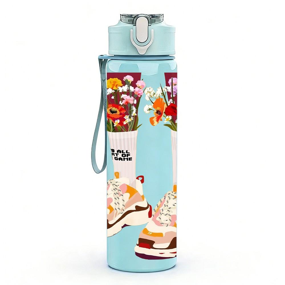 1PC Colorful Patterned Socks Retro Fun Art Print 750ml Color Plastic Sports Water Bottle Leakproof Flip Straw Lid Suitable for Sports Office Home Use