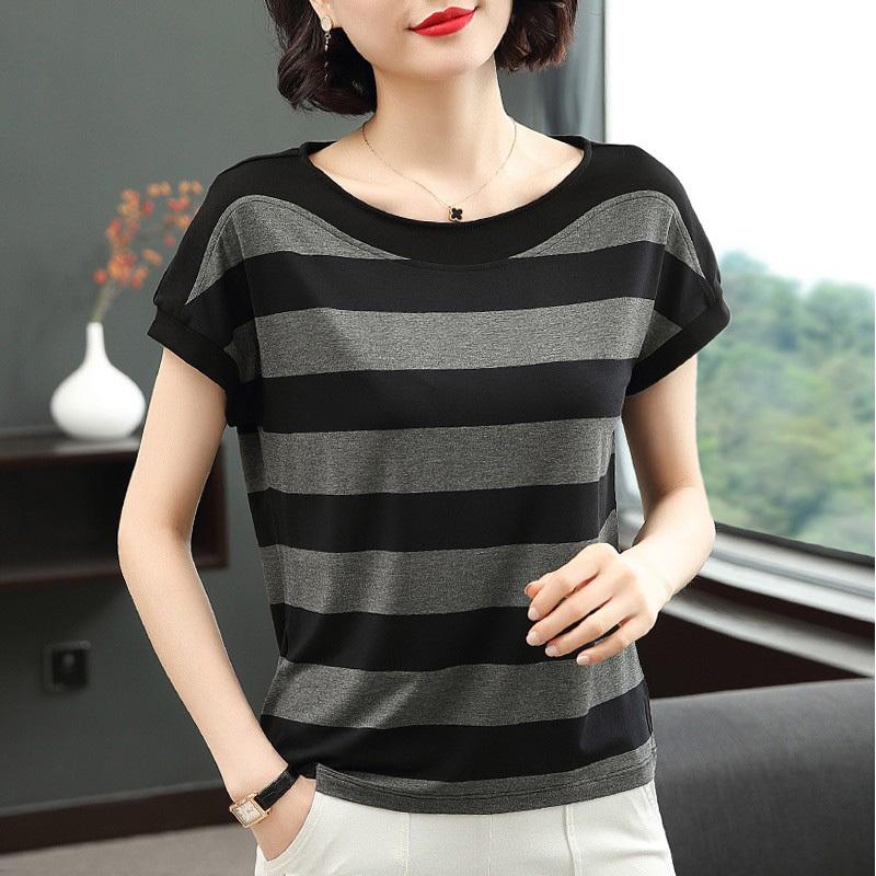 Loose Women Summer Shirt T Stripes Printing Round Collar Short Sleeve Tops