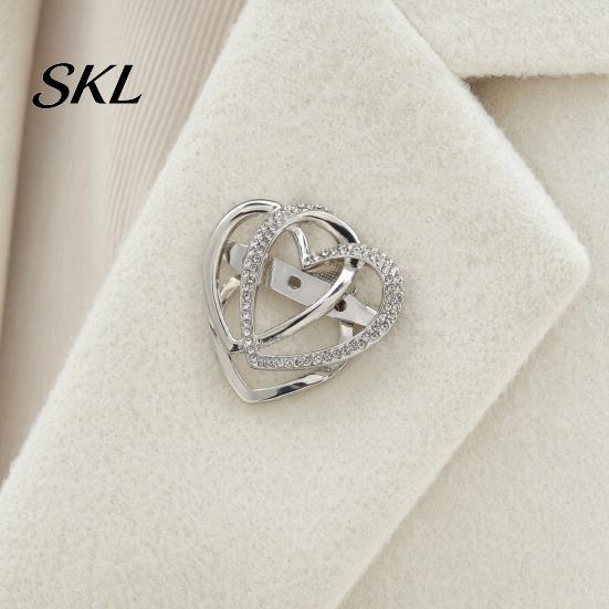 Love Heart Brooch Double Layered Brooch, Rhinestone Lapel Pin for Men Women, Decorative Badge Clothes Bag Hat Scarf Suits Oxidation Resistant
