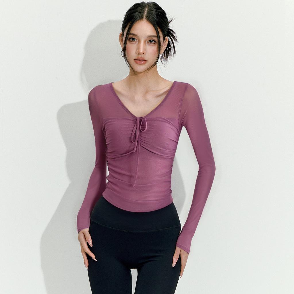Sexy Mesh High-end Yoga Clothes Long-sleeved Integrated Chest Pad Fitness Professional Training Pilates Sports Top