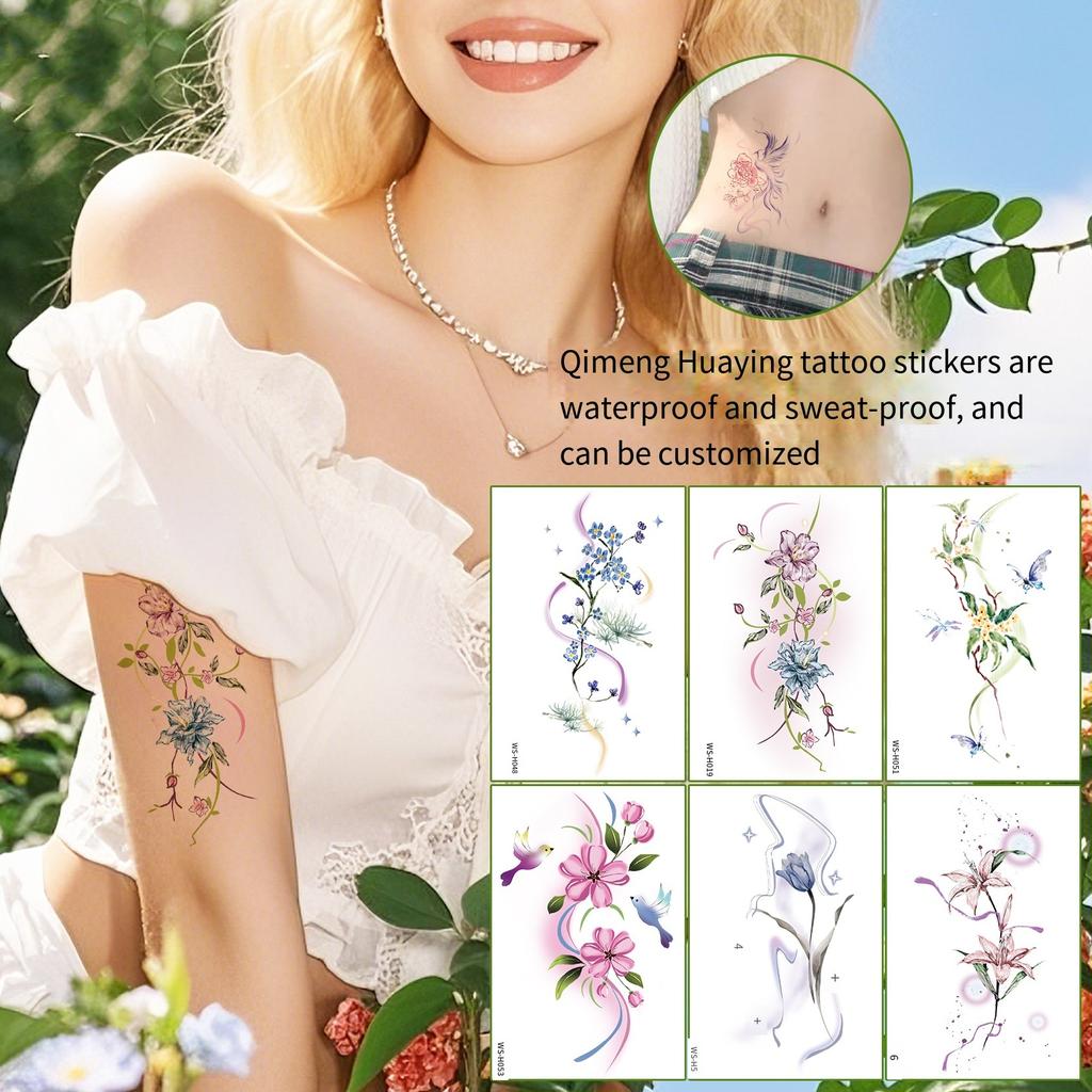 10pcs Women Aesthetic Temporary Tattoos Stickers Flower Waterproof Long Lasting Arm Clavicle Finger Disposable Fake Tattoos