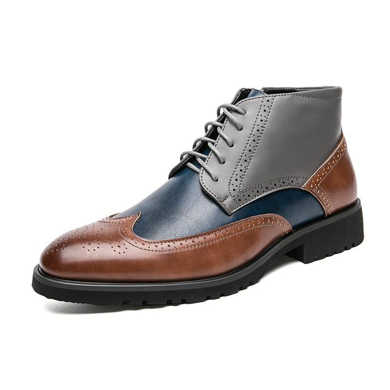 Mens High-Top Casual Brogue Shoes In Color-Block Design PU Leather Round Toe Lace-Up Size 38-44