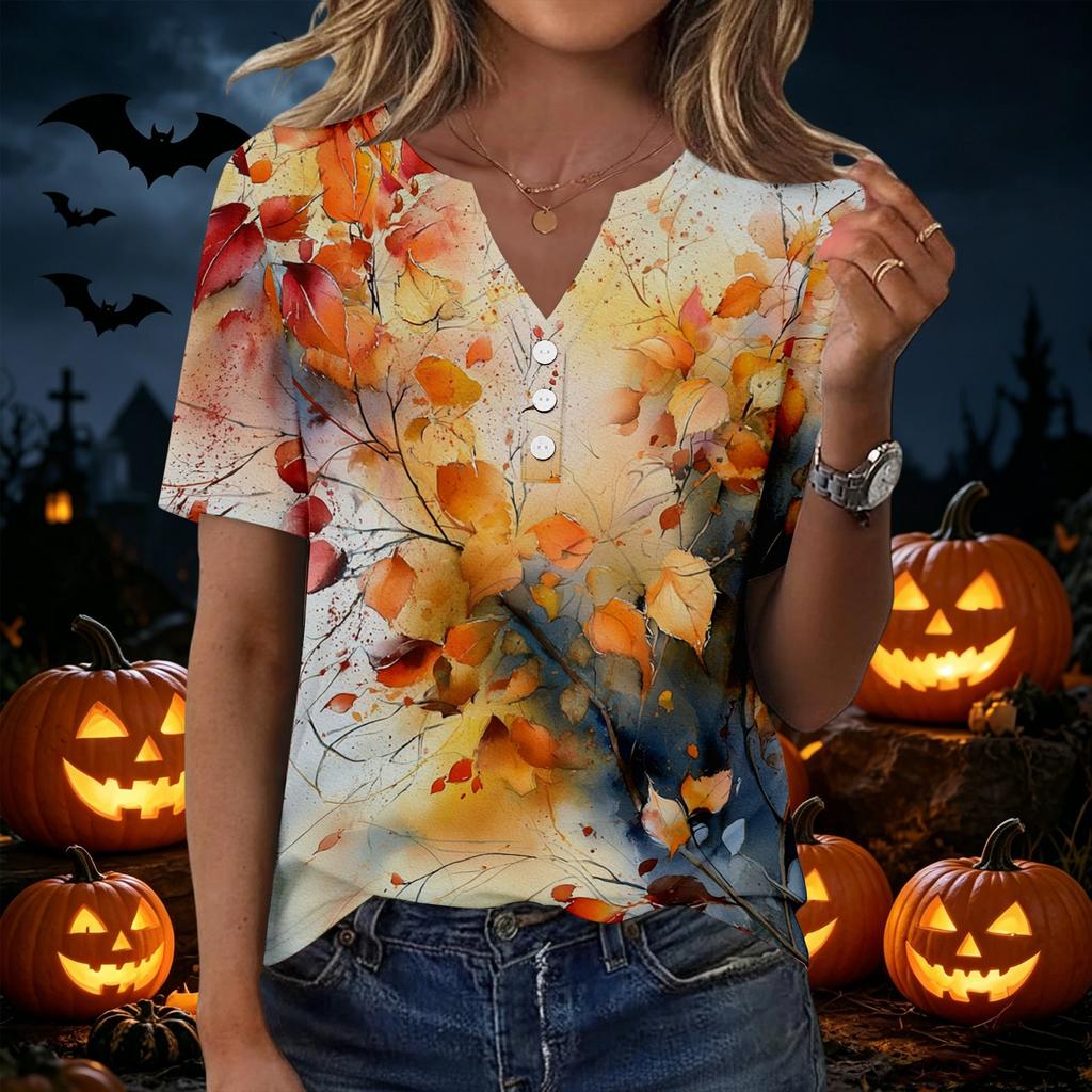 Women's Casual V-Neck Short Sleeve T-Shirt with Fall Leaves Print and Button