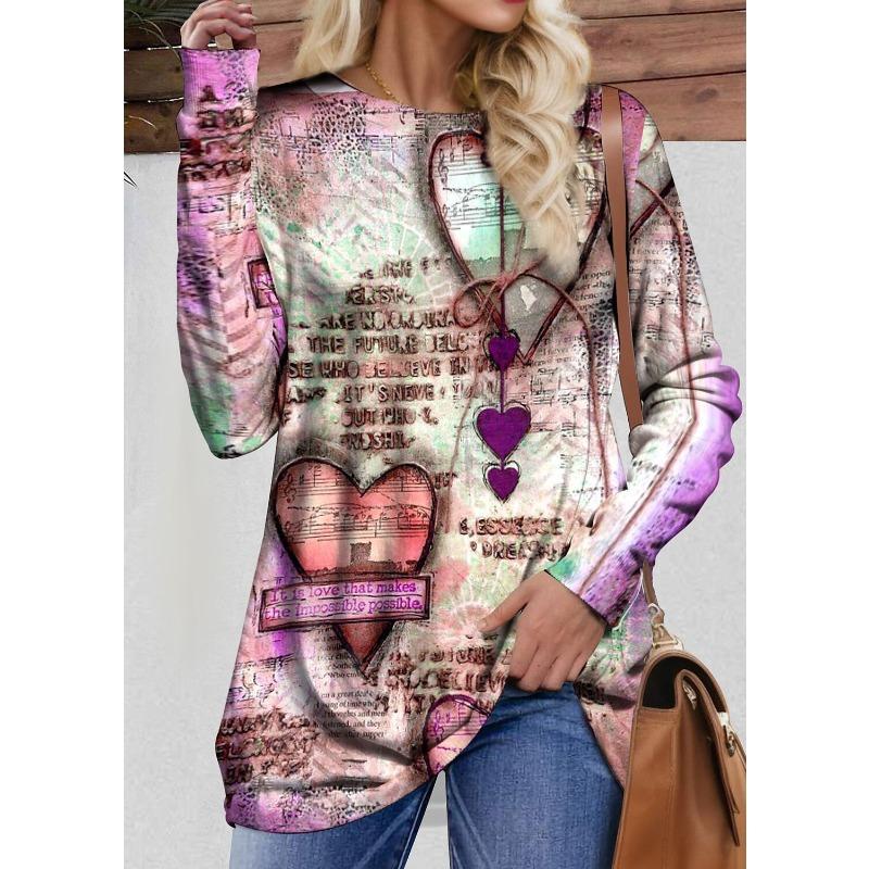 Spring and Autumn Round Neck Heart and Text Graphic 3D Printed Top Fashionable Casual Long Sleeved Women's T-shirts