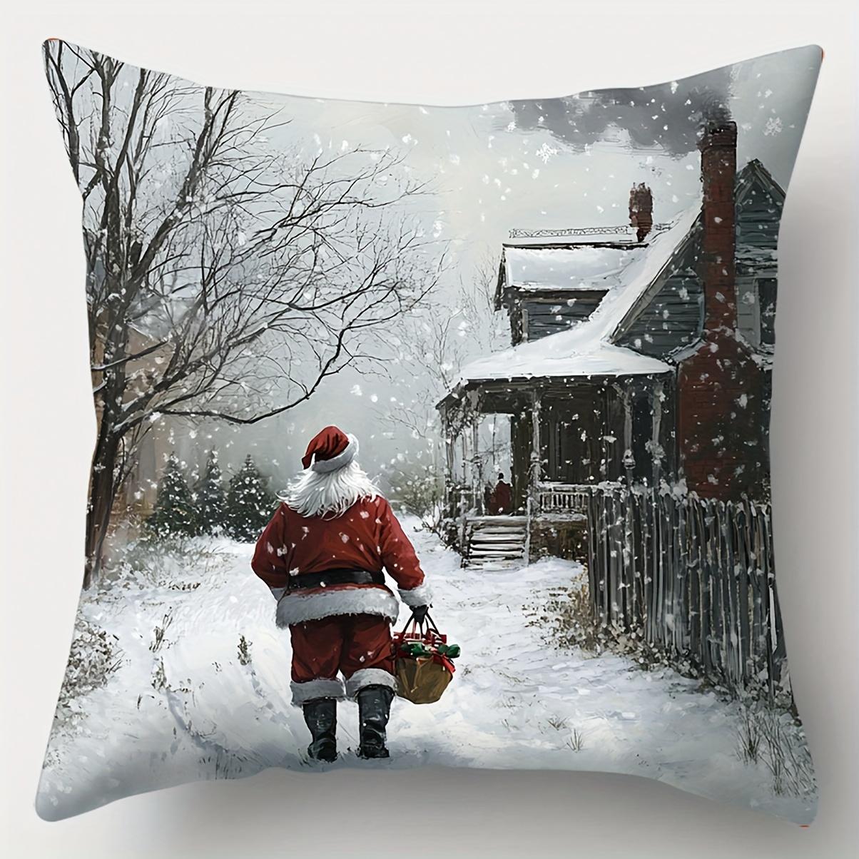 

Christmas Scene Pillows Santa Snowman Deer Cottage Polyester pillowcase, sofa decorative cushion cov Headboard Pillow 45x45cm