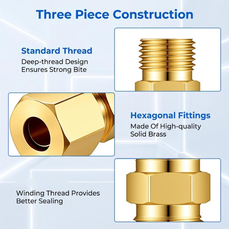 1/4inch Compression Tube Couplings with Nut, Sleeve, and Insert Body, Solid Brass 4 Pack for Joining Water, Air, and Low-Pressure Fluid Lines