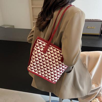 Tote Bag PU Canvas Shopping Bag Classic Red Pattern 2PCS Versatile Handbag Shoulder Bag