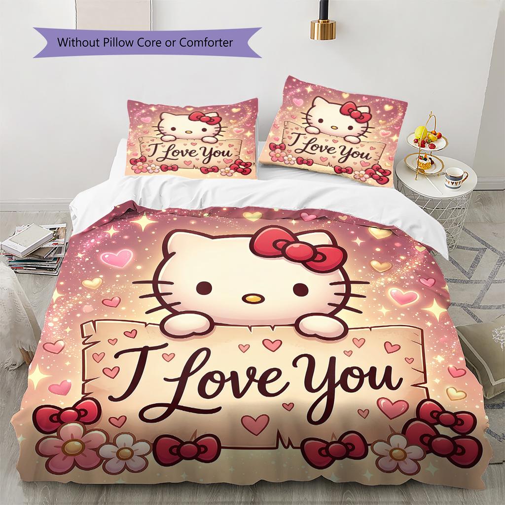Hello Kitty Cute Pattern Bedding,Quilt Set Quilt Cover Pillowcase Home Birthday Gift(1 * Duvet Cover + 2 * Pillowcase, Without Core)