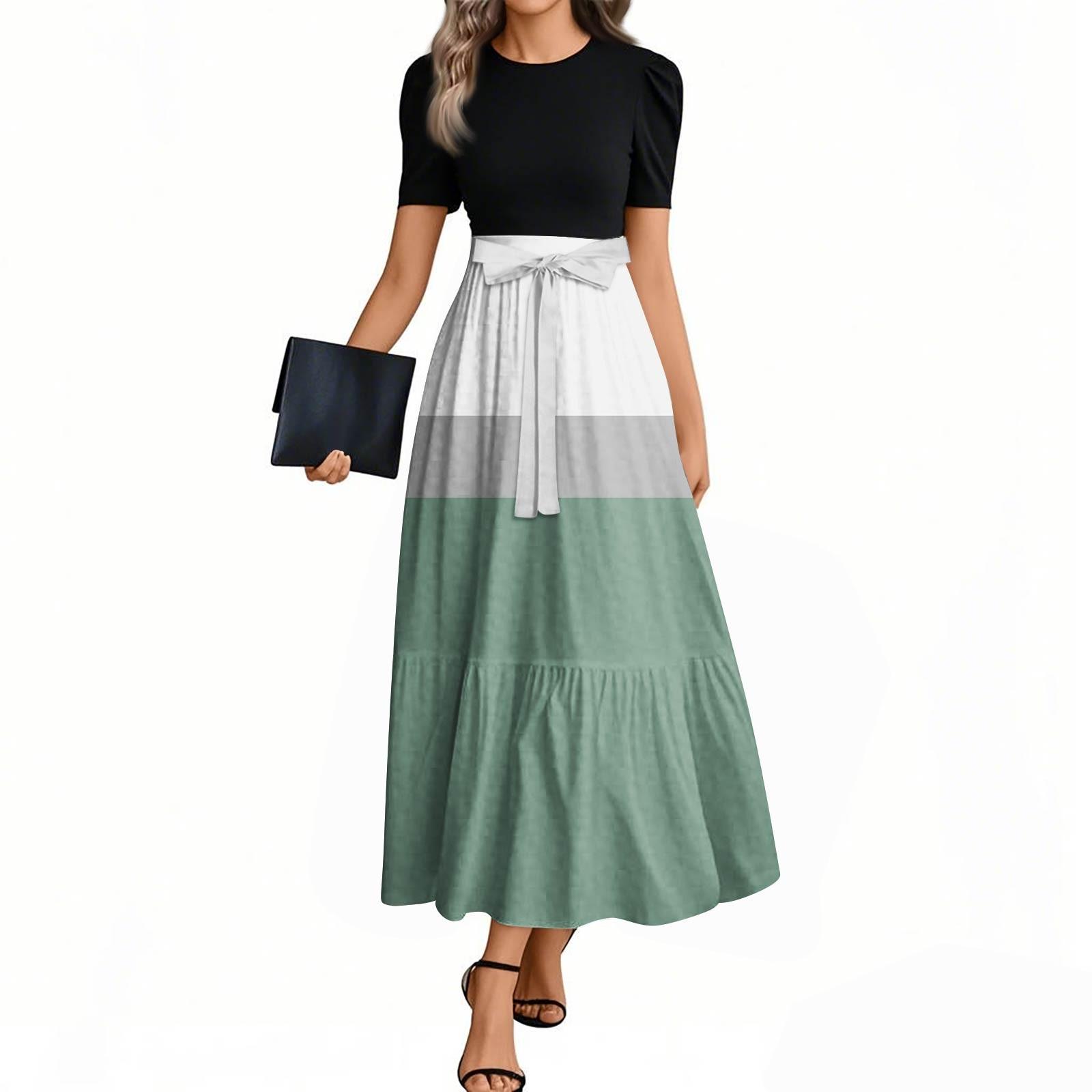 

Women s Fashion Casual Belt Short Sleeve Round Neck Line Splicing Elegant Temperament Dresses XXL