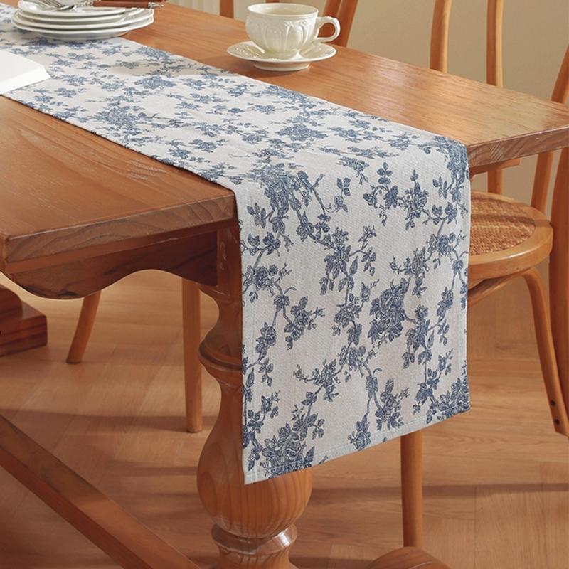 Tischdecke aus Baumwoll-Leinen mit blauem Blumenmuster im Landhausstil, waschbar, robust, in verschiedenen Größen erhältlich