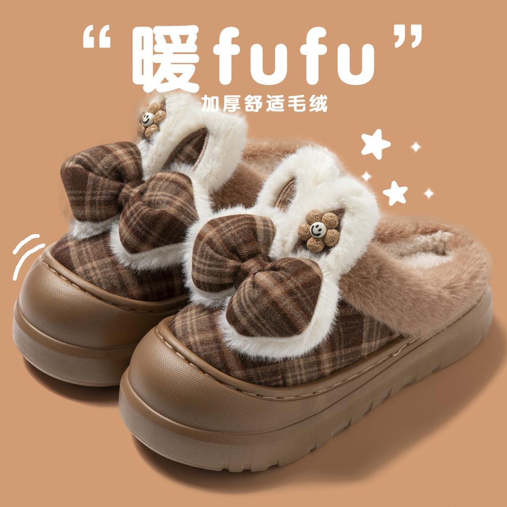Cotton slippers winter indoor thickened bottom bow cute velvet warm outer wear fluffy slippers
