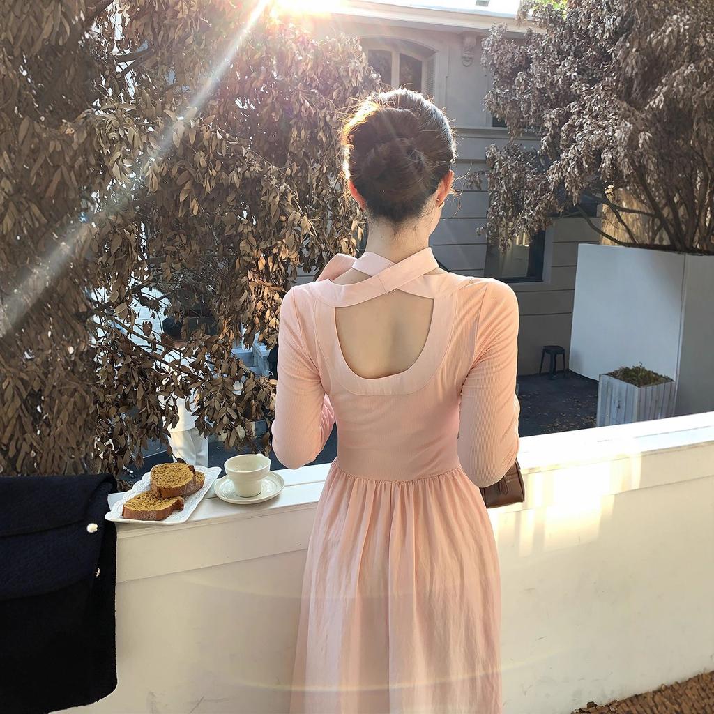 Temperament sweet streamer pink long-sleeved dress women's autumn and winter elegant and gentle Kochi wear bottom medium and long dress