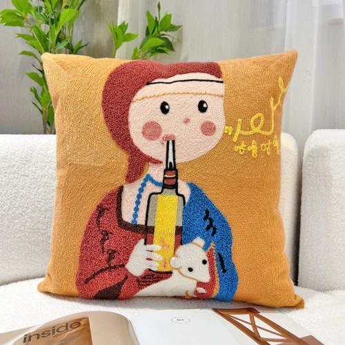 Cartoon Oil Painting Embroidery Cute Throw Pillow Office Chair Cushion Living Room Bedroom Rchair Cushion Window Pillow Cover