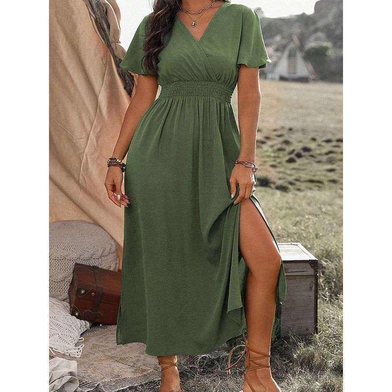 American Shiying Summer New Arrival V-neck plus Size Dress Women 2025 Fashion High Waist Pleated Split Dress