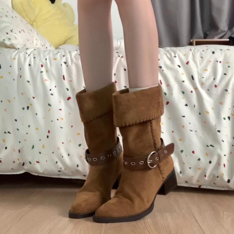 

Sheepskin version~ Skinny niche design belt buckle retro pointed head thick heel temperament versatile legs thin fashion boots 35
