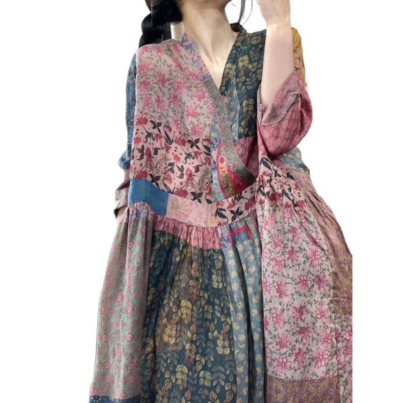 2025 Wiosna/Lato Lniana Sukienka z Dekoltem V, Kwiatowa, Retro, Etniczna, w Bloki Kolorystyczne, Luźna, Casualowa