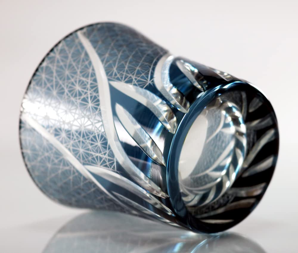 GREEM MARKET Crafts with wooden box Glasswork Kiriko Glass Cup Shochu glass Rocks glass Black Chrysanthemum connection Product GMS01856 number (Navy)