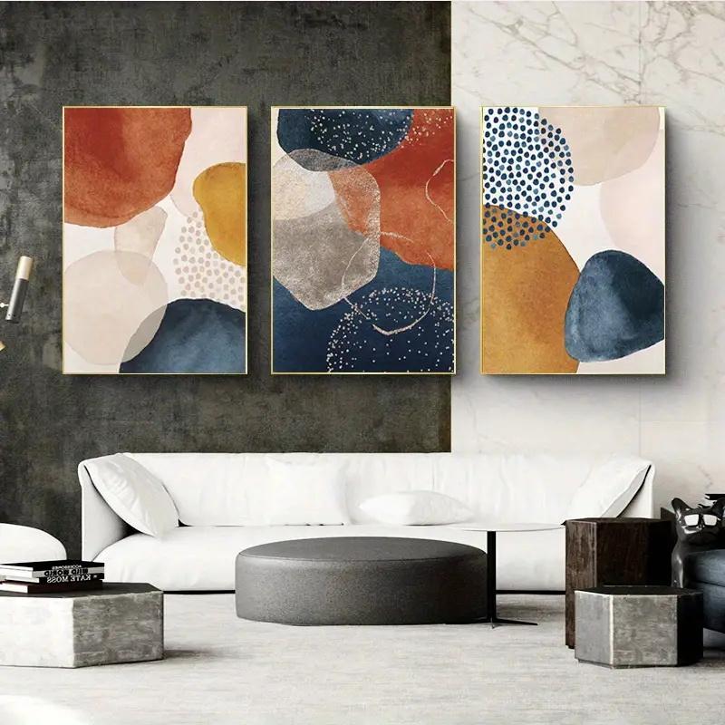 Painting Orange Blue Color Block Golden Line Poster Living Room Posters Prints Wall Decoration 3pcs Modern Abstract Art Canvas