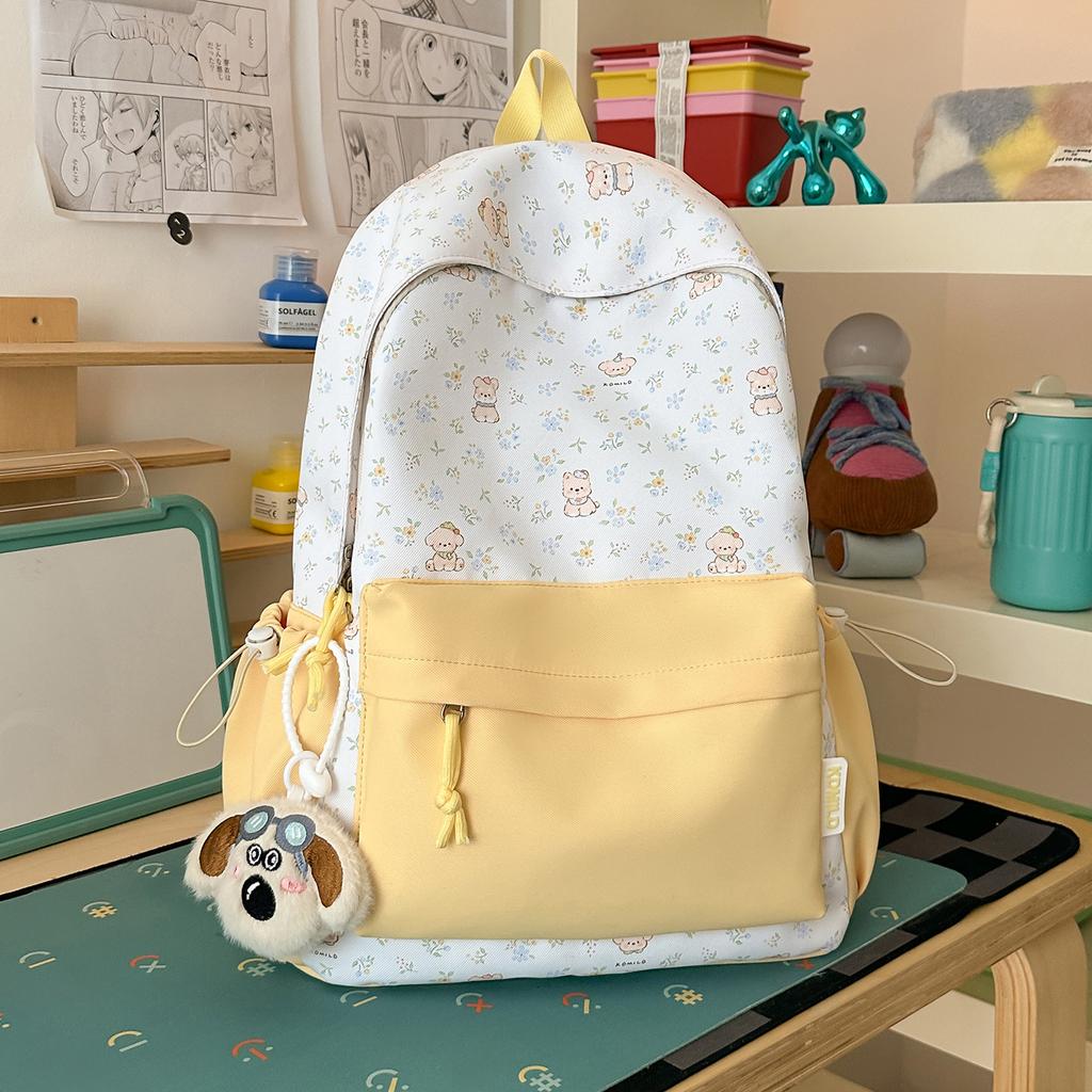 Schoolbag milky white fresh floral cute bear patchwork student backpack for students and healing style gentle bestie travel mini backpack