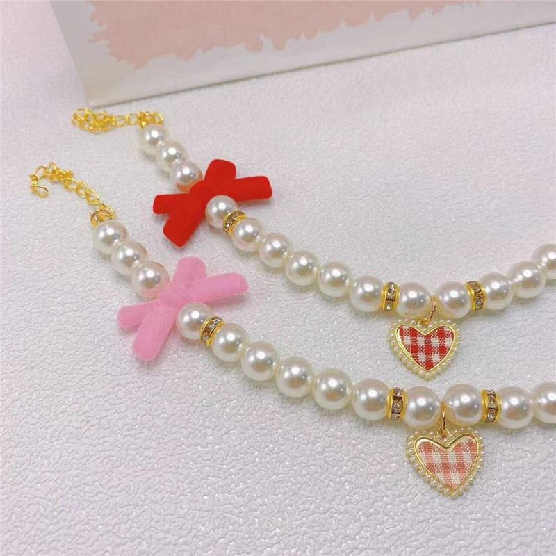 Pet Bow Pearl Collar Cat Jewelry Heart Pendant Necklace Dog Sweet Decorations Puppy Rhinestone Collar Chihuahua Accesorios