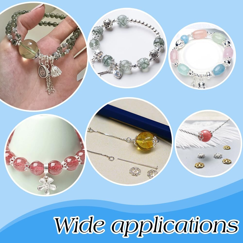 PH PandaHall 48pcs 925 Sterling Silver Bead Caps, 4 Styles Flower Bead End Caps Multi-Petal Spacer Beads Caps Filigree End Charm Caps Bails for DIY