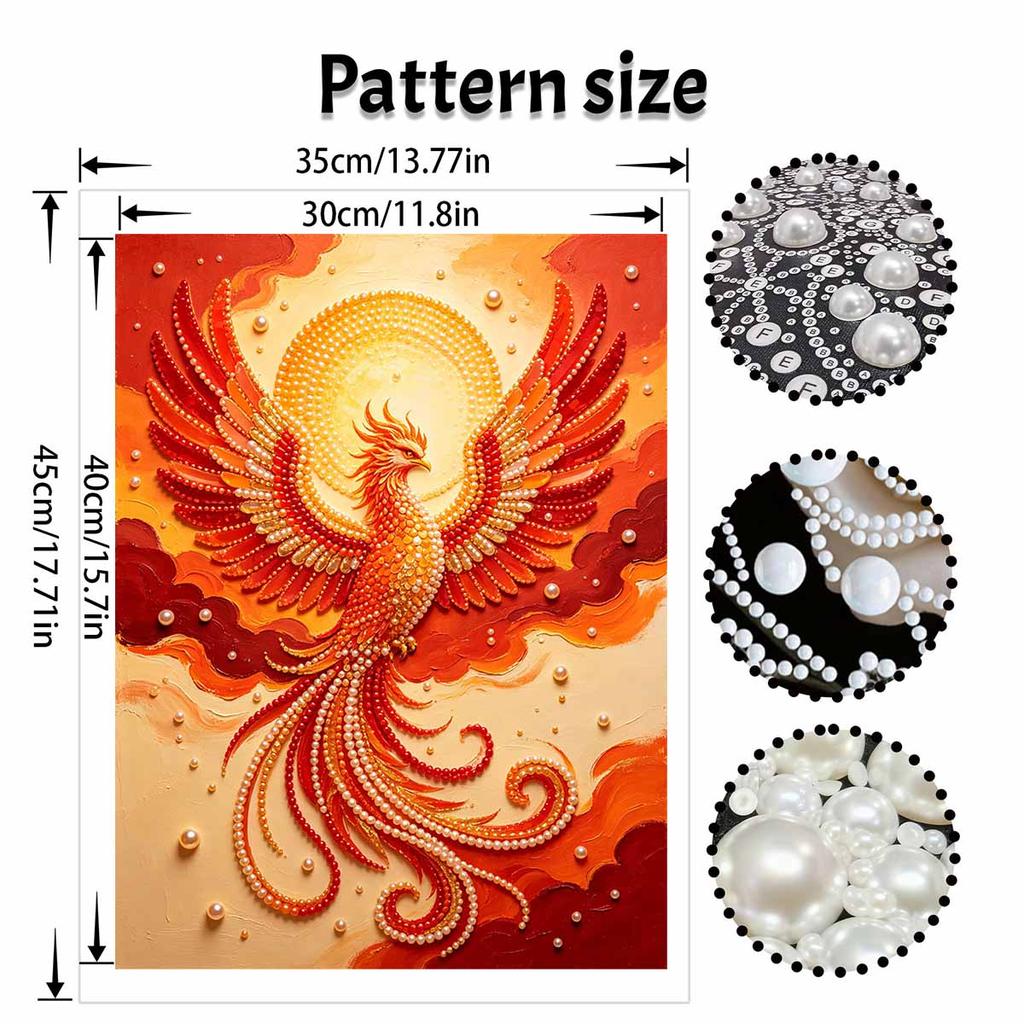 Phoenix pearl painting kit features 5D pearls and a mystic bird mosaic art style. perfect for elegant home wall decoration.