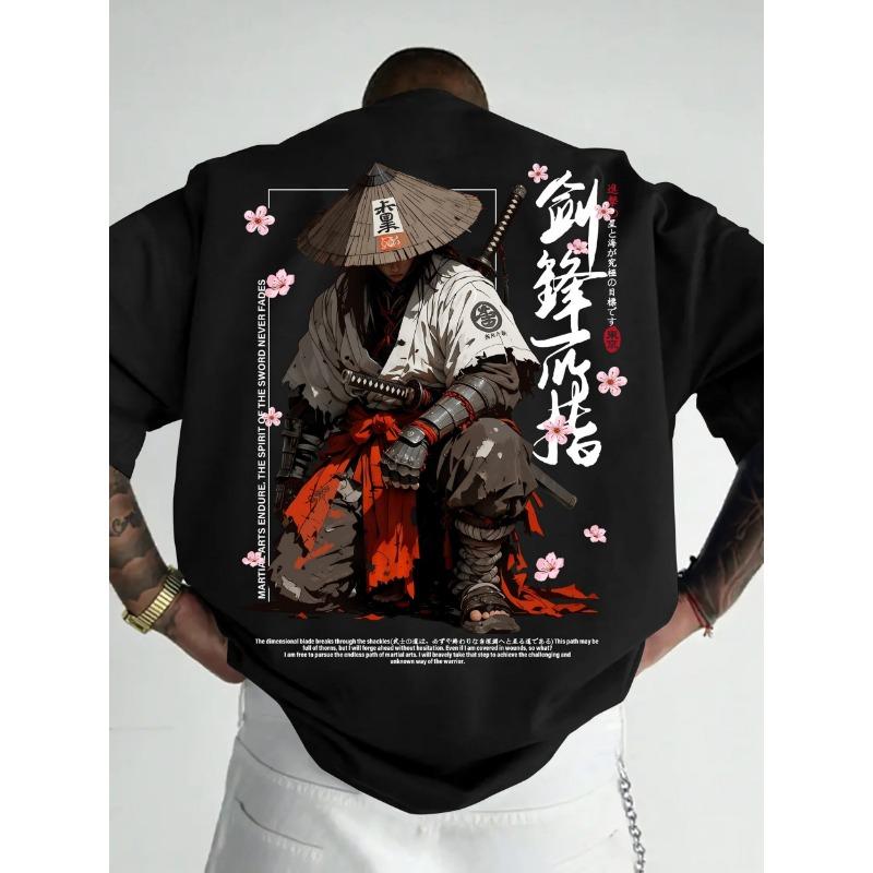 Summer Men's Japanese-style Ink-wash Samurai Pattern Casual Sports Street Style Trendy Short-sleeved T-shirt Soft Breathable