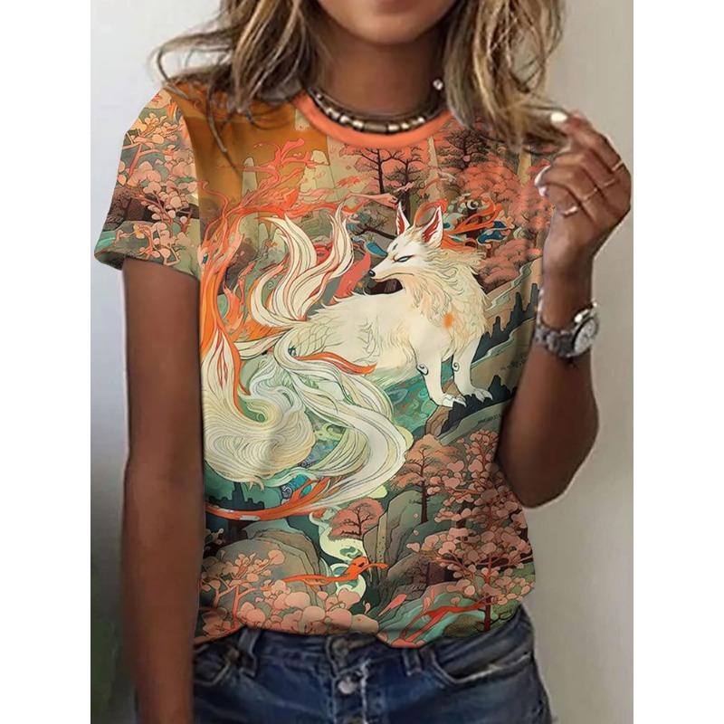 Women's Short-sleeved Round-neck T-shirt with Fox Pattern Print