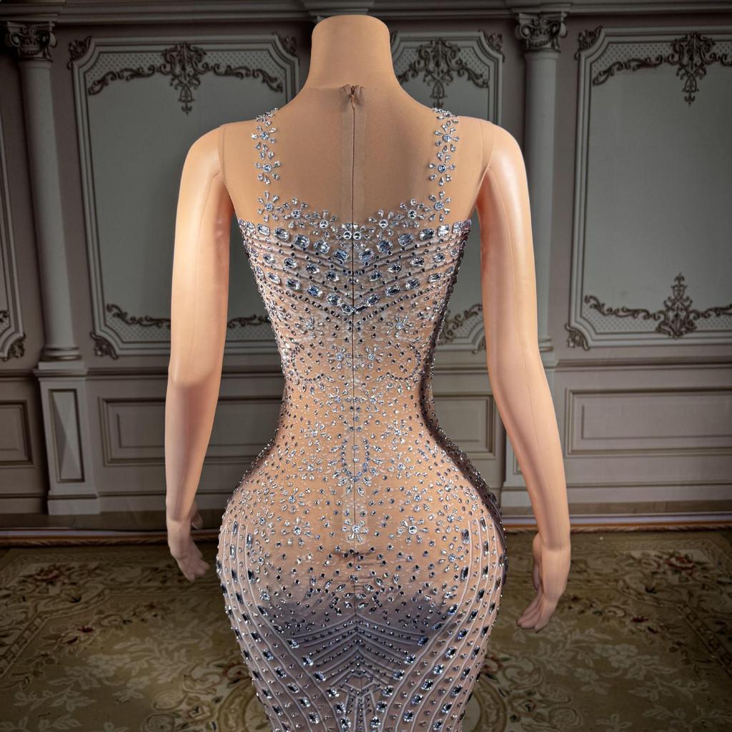2026 European & American Women's Mesh See-Through Hot Drilling Long Evening Party Dress