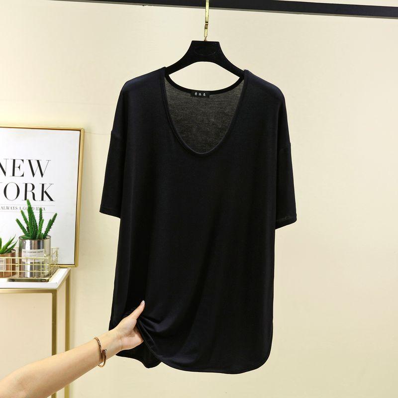 

Modal round Neck Loose T-shirt Women s Summer Thin Short-Sleeved Tops Casual Plus Size Simple Half Sleeve Bottoming Shirt Black Free size (45.00 kg-80.00 kg