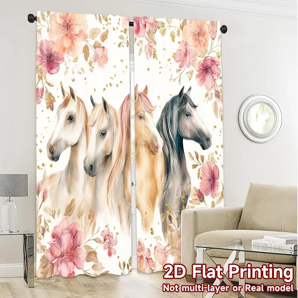 2D Flat Printing  JIT 2pcs   Curtains (Without Rod) Equine Celebration Popular Creative Curtains Semi-Sheer Curtains Holiday