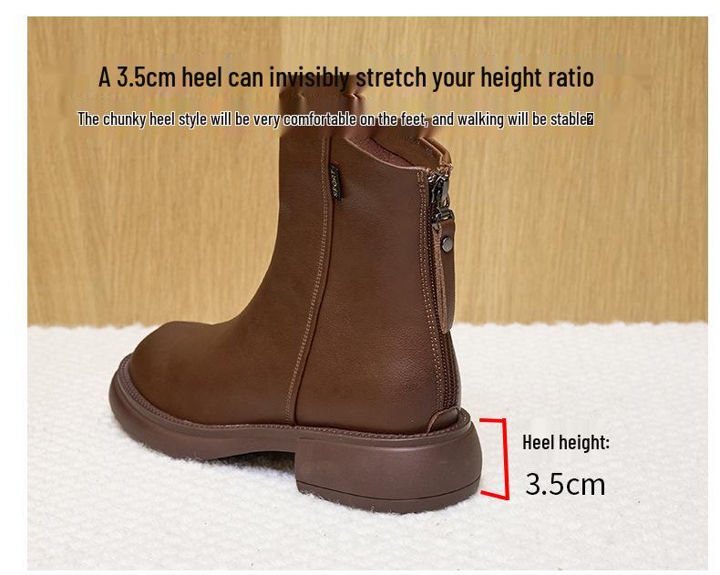 Women's Vintage Korean Style Mid-Calf Leather Martin Boots, Autumn/Winter Collection, Plus Size, Back Zipper, Casual Slimming Design.