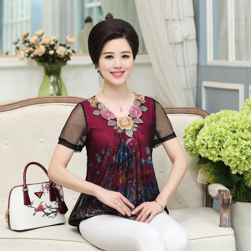 Summer Women's Plus Size Blouse Loose Mesh Printed V-Neck Short Sleeve Blouse