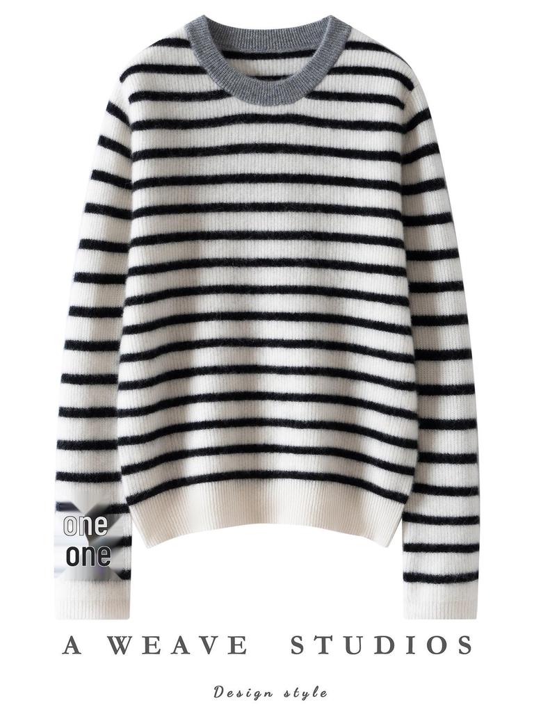 Autumn Winter Striped Round Neck Women's Cashmere Knit Sweater Pullover