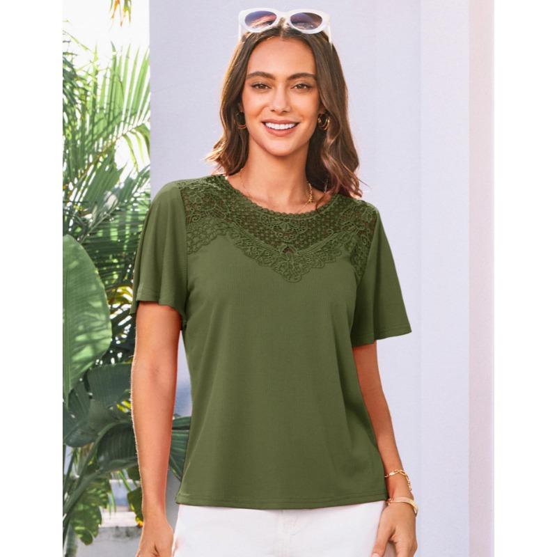 Round Neck Loose Summer Lace Women Blouse Solid Color Short Sleeve Lace Sweet Shirt Ladies Solid Color Elegant Fashion Office Top Basic Sweet Clothing