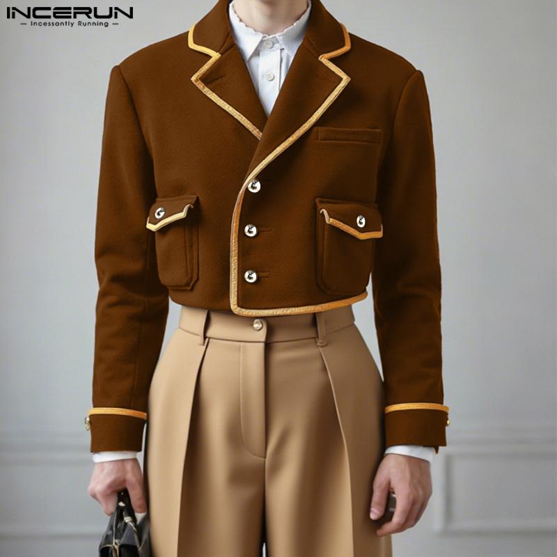 INCERUN Automne Homme Manches Longues Boutons Coutures Décontracté Manteau Court Vestes cm marron