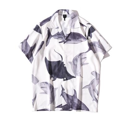 Dunkles Ikone Tierdruck Dünnes Material Herrenhemd Kurzarm Button-Down Retro-Hemden Mann Streetwear Kleidung