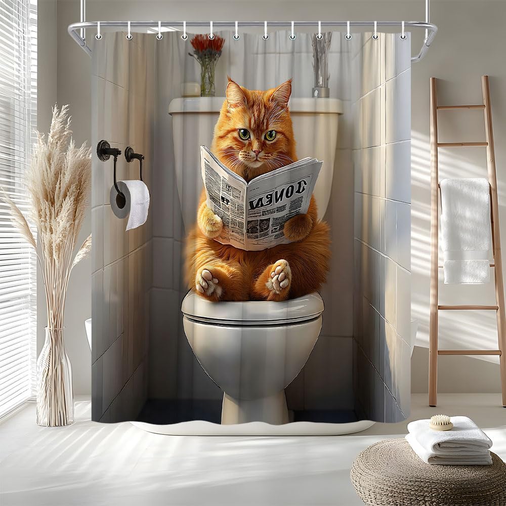 Funny Cat Shower Curtain Orange Cat On Toilet Reading Newspaper Lovely Kitten Cute Pet Bath Curtain Fabric Bathroom Accessories