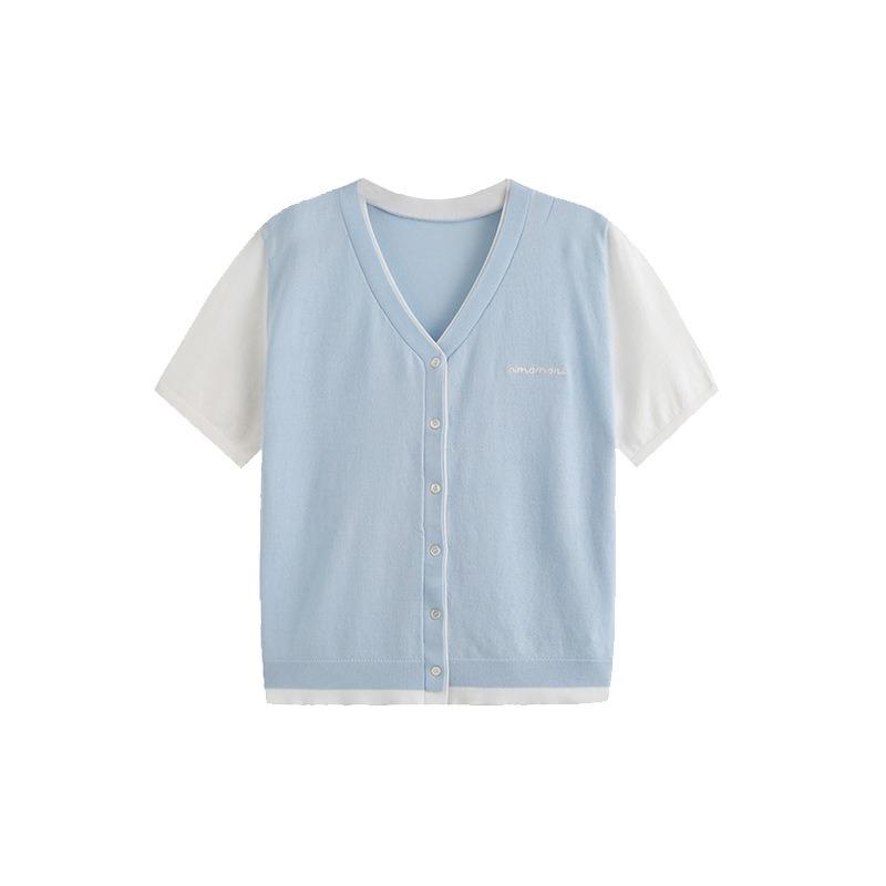 Women's Color-blocking Top Women's Embroidered Knitted Sweater Short-sleeved Cardigan