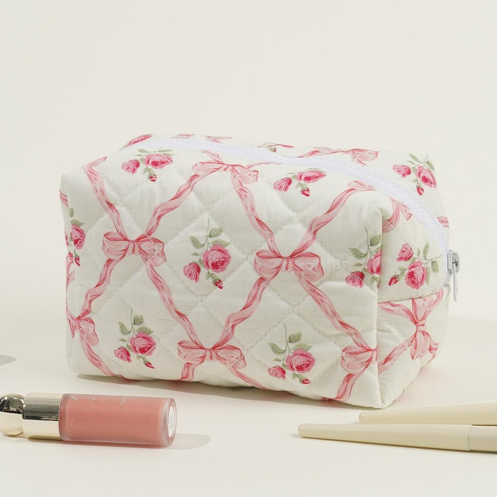 Storage Organizer Floral Bow Cotton Makeup Bag Flower Printed Cosmetic Pouch Large Travel Cosmetic Bag Make Up Bag