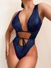 Costume da bagno intero da donna nero sexy con lacci - Tinta unita, taglia plus
