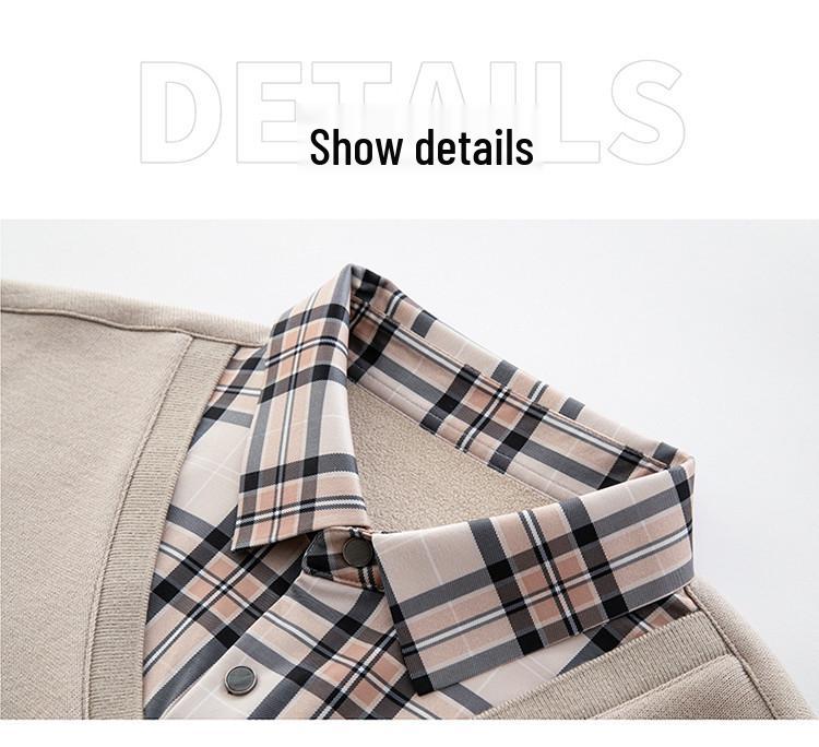 Men's Autumn/Winter Fake Two-Piece Knit Sweater with Velvet Warm Shirt Collar