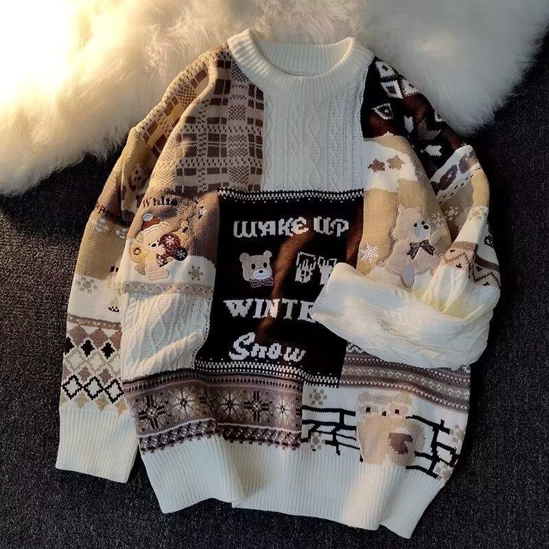Men's Oversized Japanese Retro Bear Christmas Sweater - Winter Trendy Vintage Style